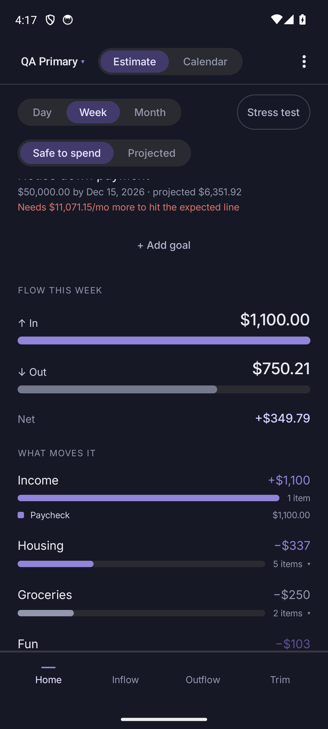 Monthly check-in screen pre-filled from logged spending