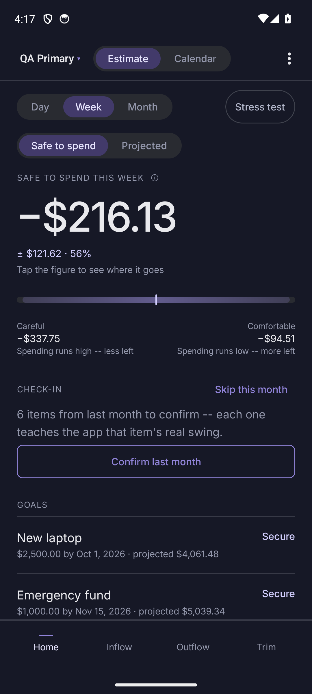 CashFlow home screen showing a safe-to-spend figure with its uncertainty range